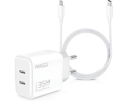 35w snellader geschikt voor iPhone 14, 13, 12, 11, X, Xr, Xs, Pro, Max - 2 meter - 2 poorten - tegelijk opladen - usb lader - usb-c stekker - oplader adapter geschikt voor iPhone