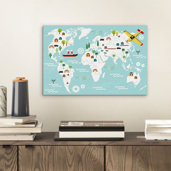Décoration murale Métal - Peinture Aluminium - Wereldkaart - Enfants - Avion - Nature - 30x20 cm