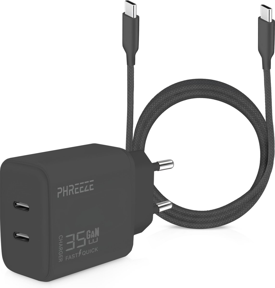 Usb C Adapter Met USB-C Naar USB-C Kabel 3 Meter – 35W Snellader Met GaN Technologie