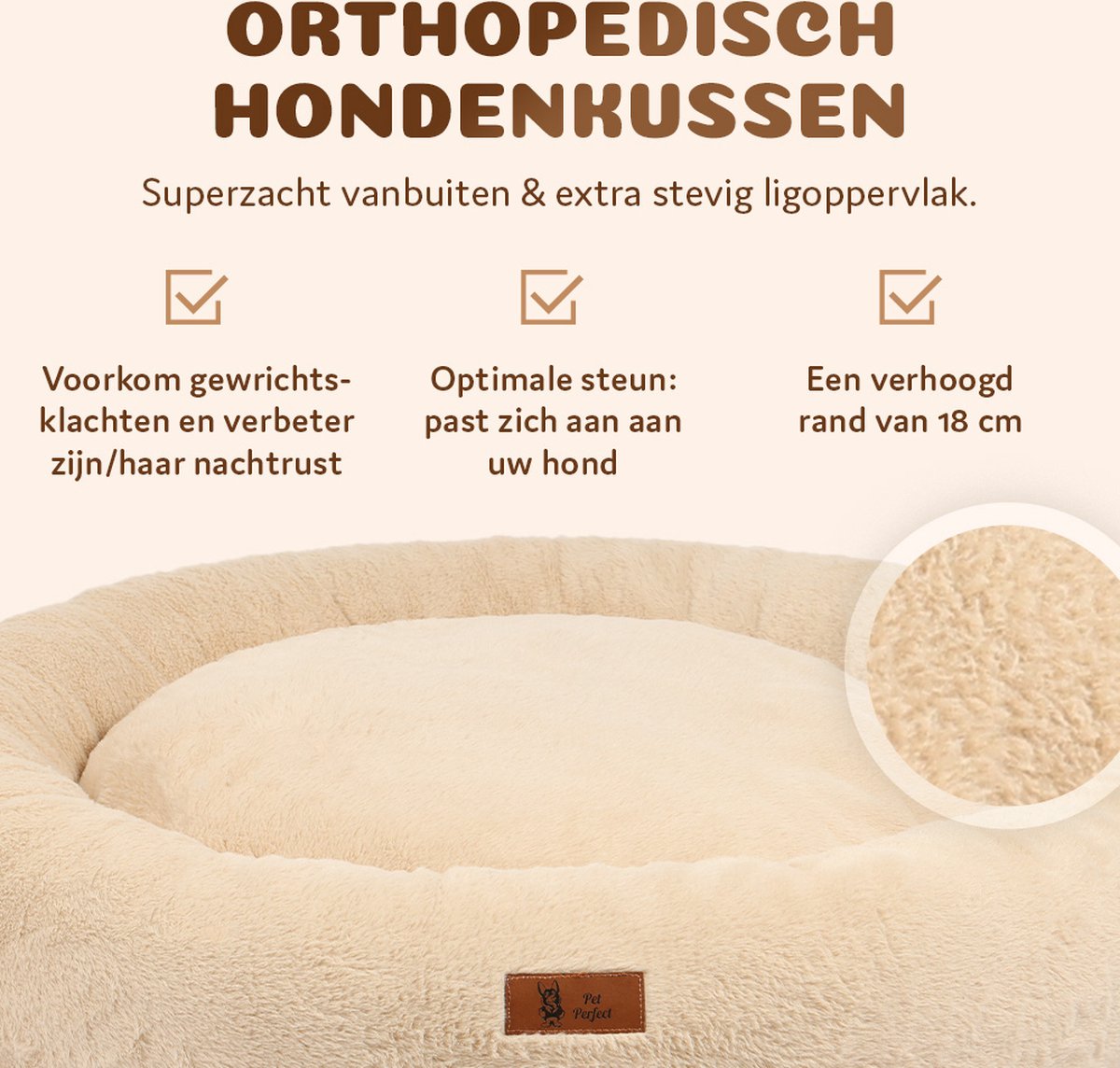 Pet Perfect Orthopedische Hondenmand – Donut Hondenmand – Hondenkussen – Hondenbed – Wasbaar - 100 cm - Beige thumbnail 3