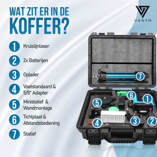 De inhoud van de Vesto koffer: kruislijnlaser, 2x batterijen, oplader, voetstandaard, ministatief, muurbeugel en afstandsbediening.