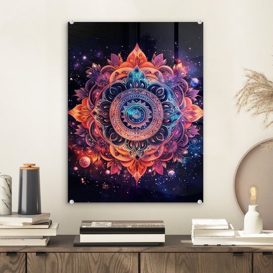 MuchoWow® Tableau sur verre 30x40 cm - Tableau sur verre acrylique - Mandala - Galaxie - Couleurs - Photo sur verre - Décoration murale murale salon - Décoration murale chambre - Peintures