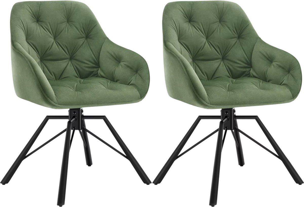 J&R Eetkamerstoel - Set van 2 stoelen - Fluweel eetkamer stoel - Eettafel stoel - Fauteuil - Draaibaar - Velvet - Metalen poot - Groen
