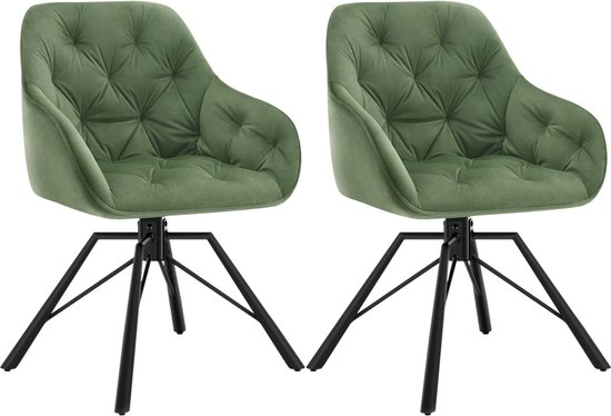 Set van twee groene fluwelen eetkamerstoelen met ruitpatroon en zwarte metalen draaipoten.