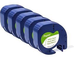 5 pièces Dymo Convient pour LetraTag 91200 Ruban d'étiquettes Zwart sur Papier Wit 12 mm x 4 m - Convient pour imprimante d'étiquettes LetraTag - LT-100H - LT-100H Plus - LT-100T -LT-100T Plus -XM -XR - 2000- QX50 -S0721510