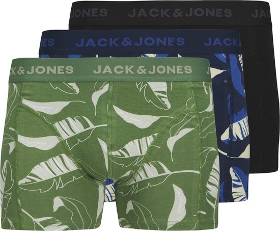Drie Jack & Jones boxershorts: één met groen bladprint, één met donkerblauwe bladprint, één effen zwart.