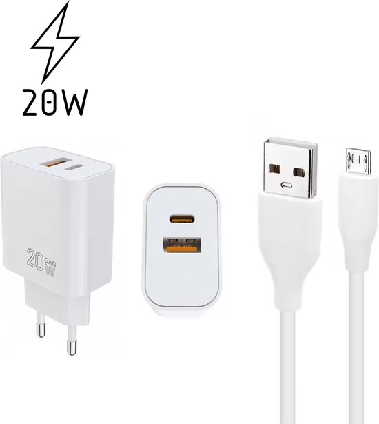 WAEYZ - Chargeur Adaptateur USB Chargeur Rapide 20W 2 Portes USB-C et USB-A - Câble de Téléphone Portable Inclus 1x Prise USB - 1x Prise Micro USB 1,00 m Convient pour Samsung - HUAWEI - Câble Micro USB Universel