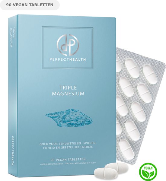 Perfect Health - Magnesium Bisglycinaat Tabletten - 90 Stuks - Tegen Vermoeidheid - Voor Zenuwstelsel & Spieren - 1690mg Hooggedoseerd - Taurine - Vegan