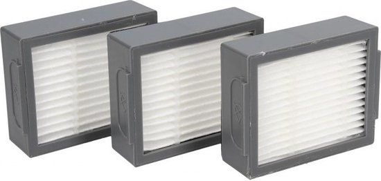 Drie grijze stofzuigerfilters met wit vouwfilter, gerangschikt in een rij.