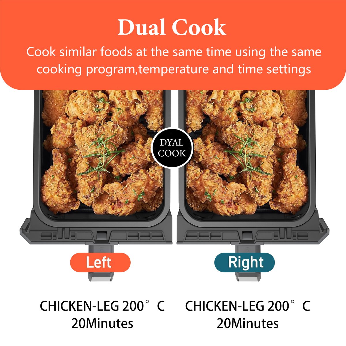 Afbeelding 3 van Uten Dubbele Airfryer - Hetelucht friteuse - Airfryer XXL - 2 x 4 liter - 8 Programma's - Dual cook functie - 4 Accesoires - 40 tot 200°C - 1700 watt - Grijs zwart