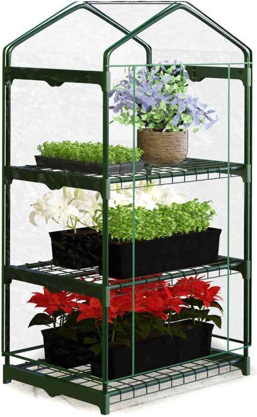 Donkergroene kas met vier niveaus. Bevat planten.