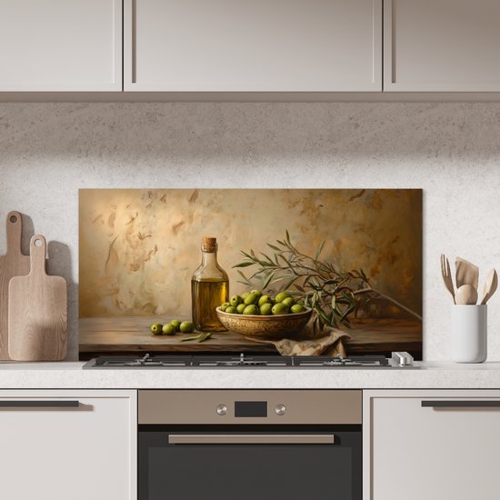 Crédence de Cuisinière en Aluminium 100x50 cm - Olives - Nature morte - Vintage - Écran Pare-éclaboussures pour Plaque de Cuisson - Protection Murale