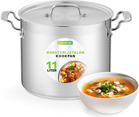 NutriChef Kookpot– 11-Liter Soeppot- Roestvrijstalen Kookpan -Grote Stoofpot met Deksel-Sudderpot- Vaatwasmachinebestendig- Compatibel met Inductie- Keramische- en Halogeen Kookplaten