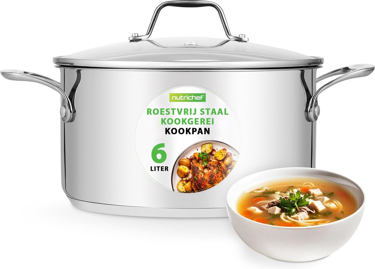 NutriChef Kookpot - 5 Liter Roestvrijstaal Inductie Kookpan- Soep/Stoofpot- Sudderpot- Soeppan met Doorzichtig Deksel- Vaatwasmachinebestendig –