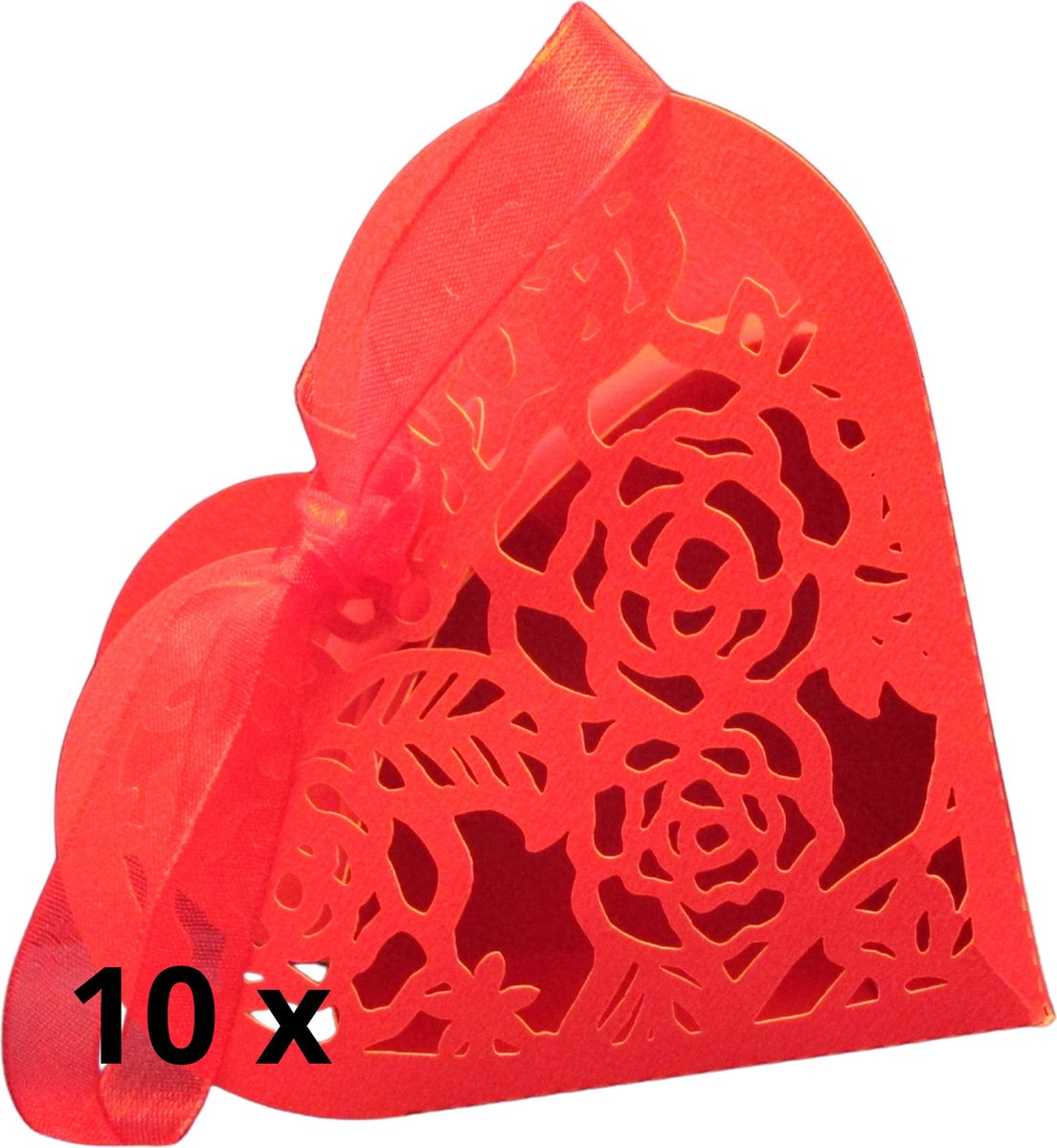 Geschenkdoosje - Cadeaudoos - Doopsuiker verpakking - Hartje Rood 10 stuks - met lintje - Valentijn - Verjaardag - Feestje - Felicitatie