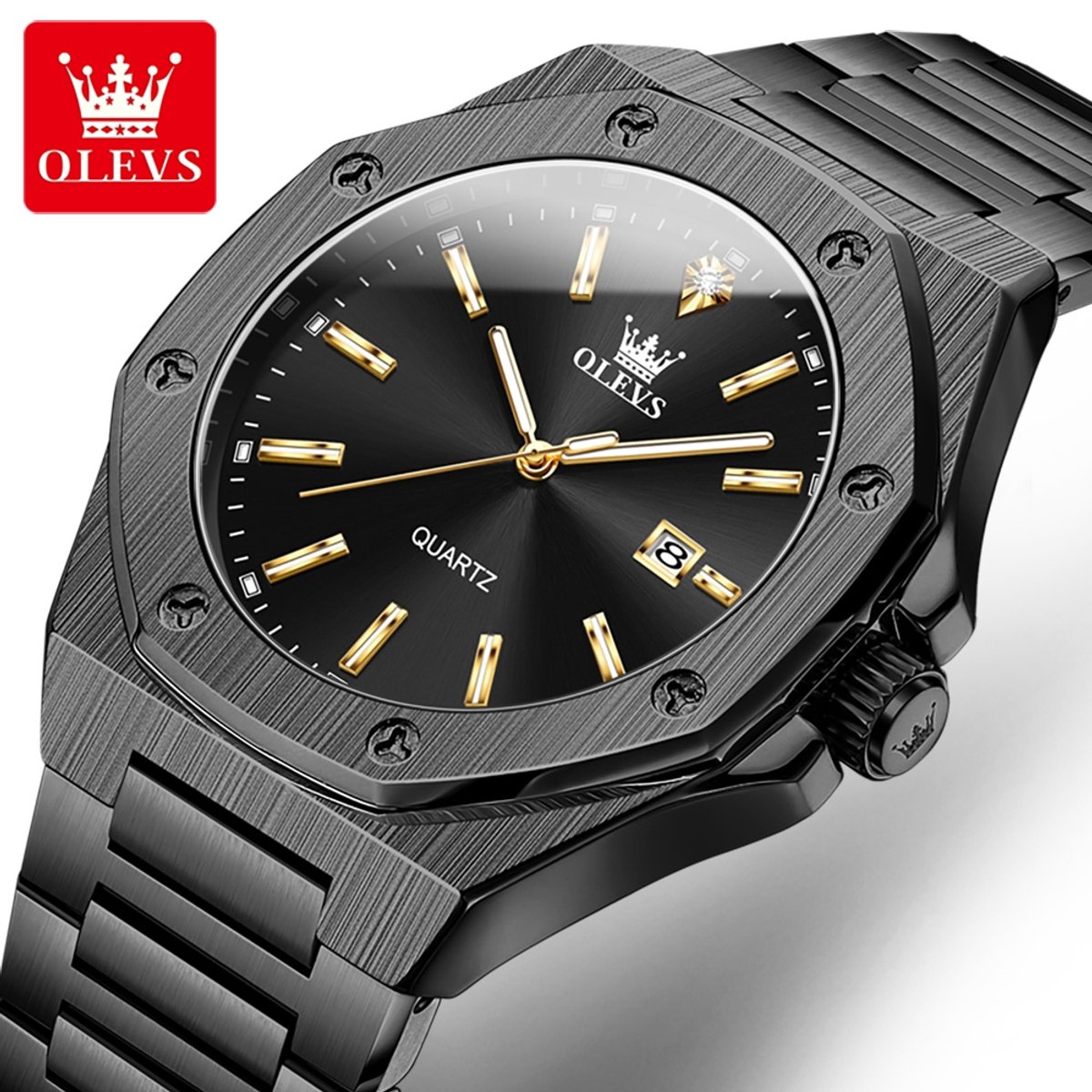HO-3613.zw : Olevs tijdloos 8 hoekig zwart edelstaal horloge, goudwitkl beslag, dagaanduiding