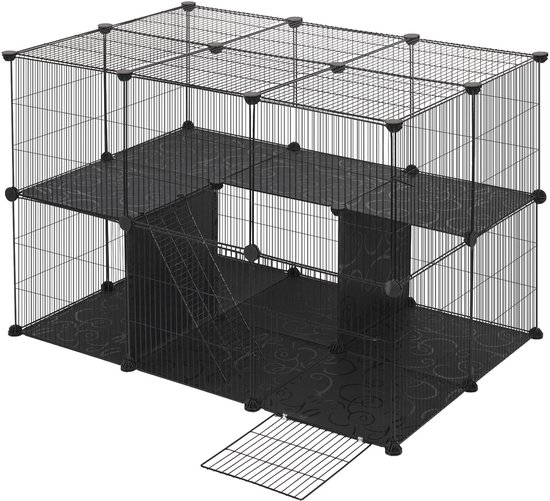 Dierenren met 2 Verdiepingen - Konijnenkooi - Caviakooi - Kattenkooi - Kooi Kleine Huisdieren - Puppy - Kitten - Dierenverblijf - 105x70x70 cm - Zwart