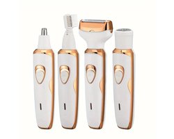 Oplaadbare 4-in-1 Miguan Scheerapparaat voor Dames – Precisietrimmer, Neustrimmer, Baard/Wenkbrauwtrimmer + Full Body Shaver – Pijnloze Ontharing – USB-Oplaadbare Dames Trimmer – Voor een complete en perfecte Lichaamshaar verzorging – Kleur Wit/Goud