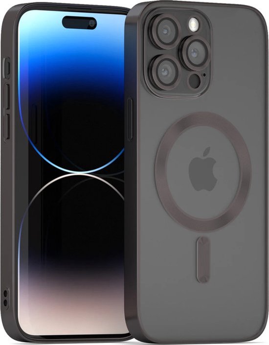 Transparant telefoonhoesje met zwarte randen, MagSafe-ring en camera-uitsparing voor iPhone.