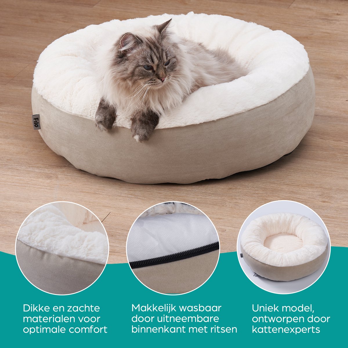 Filo Ultra Zachte Orthopedische Kattenmand Grijs - Wasbaar met Afritsbare Hoes - Anti Stress Donut Kattenbed - Poezenmand - Kattenhuis - Kattenkussen - Cat Bed – foto 3