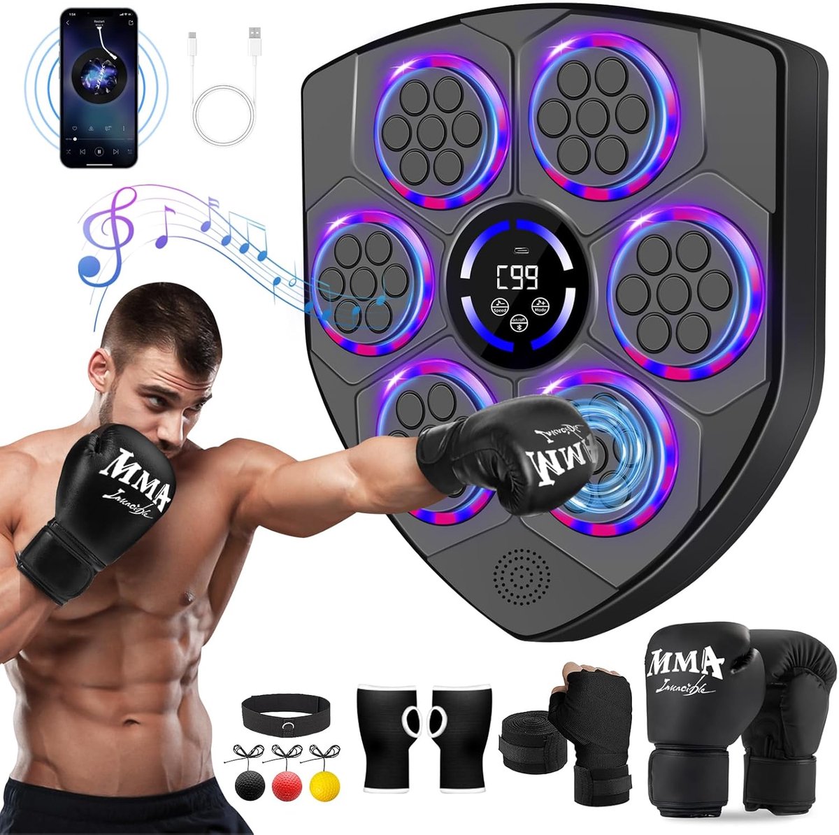 Boksmachine - Slimme Muziek Boksmachine - voor Volwassenen en Kinderen - Bluetooth - Boksen Apparatuur - met Bokshandschoenen - Wandgemonteerde - Elektronische Ponsmachine - voor Thuis - Gym -Workout - Indoor - 44x38x4.5cm - Zwart