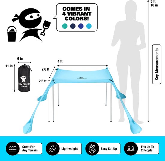 SUN NINJA mini strandtent uv bescherming - 120 x 80cm luifel - Zonnescherm met schep - Strand tent met UPF50+ bescherming - Zonbescherming - Turquoise — afbeelding 2