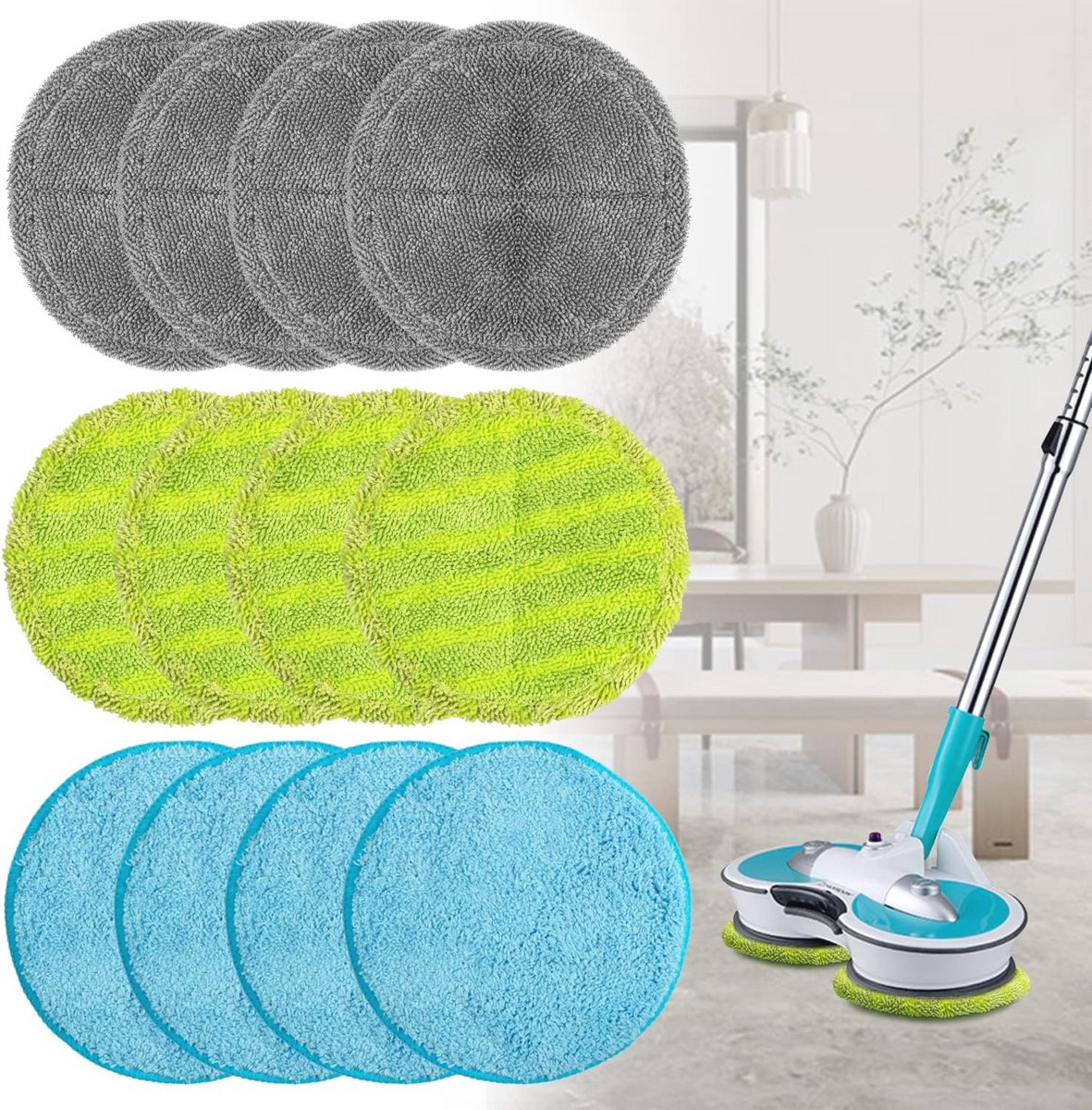 Set van 12 microvezel dweil pads, 16 cm diameter, universele vervangingen voor dweilapparaten