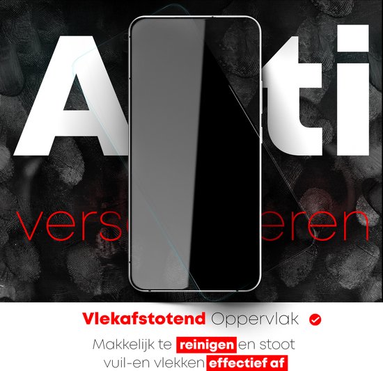 Smartphone met een screenprotector met anti-vlekken oppervlak. Tekst 'Anti-vlekken' en 'Makkelijk te reinigen en stoot vuil- en vlekken effectief af'.