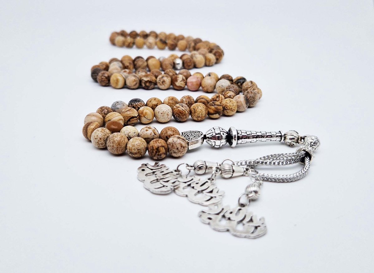 Handgemaakte tesbih "Tasbih" natuursteen "Picture Jasper" - Aantal kralen 99 - Diameter kralen 8MM - met metaal tassel "La alih ala allah" - Een mooi cadeau-idee