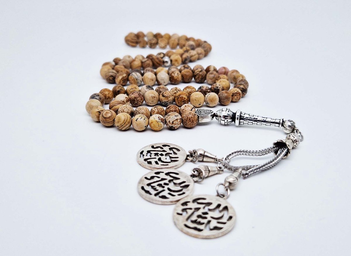 Handgemaakte tesbih "Tasbih" natuursteen "Picture Jasper" - Aantal kralen 99 - Diameter kralen 8MM - met metaal tassel "Masha' allah" - Een mooi cadeau-idee