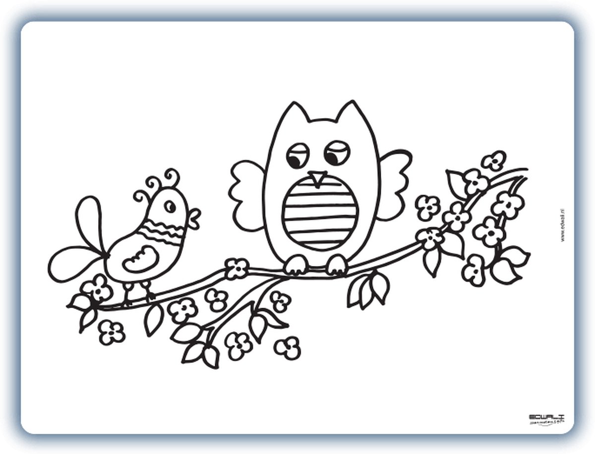 Placemat Uiltje & vogeltje - inkleurbaar en uitveegbaar - 30 x 40 cm