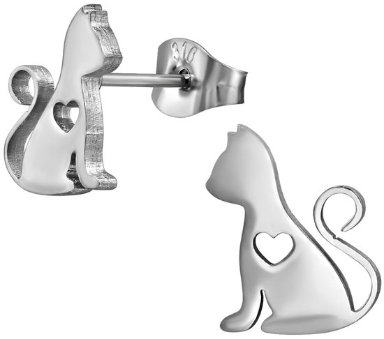 CS Joy - boucles d'oreilles chat chat - Acier chirurgical - chat avec clous coeur - 9,5 x 12 mm