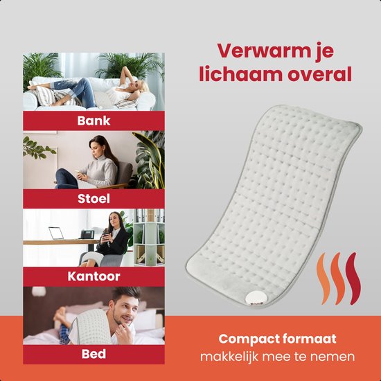Collage van mensen die een grijs fleece warmtekussen gebruiken op een bank, stoel, kantoor en bed.