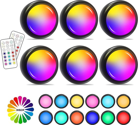 Cadrim RGB-kastverlichting, led, met 2 afstandsbedieningen, verpakking van 6 stuks, kastverlichting, onderbouwlamp, dimbaar, 13 kleuren, voor slaapkamer, kledingkast, kast