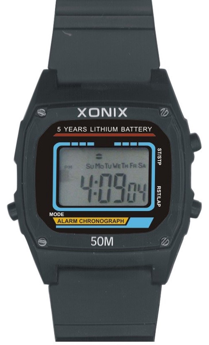 Xonix N28-BK - Horloge - Digitaal - Unisex - Overig - Siliconen band - ABS - Cijfers - Alarm - Start-Stop - 12H-24H - Waterdicht - Zwart