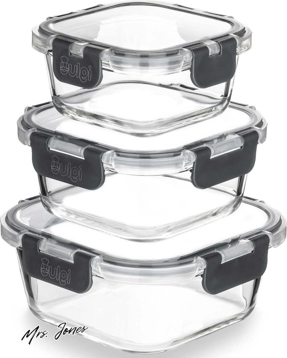 Mrs. Jones Meal Prep - Stapelbare Glazen Vershouddozen - Lekbestendig - Magnetron & Vaatwasserbestendig - 3 Stuks .