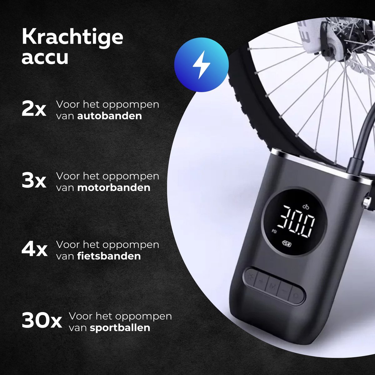 Elektrische fietspomp - Scooter Motor Auto - Draagbare luchtcompressor bandenpomp - Tot wel 10.3 bar - USB oplaadbaar – foto 5