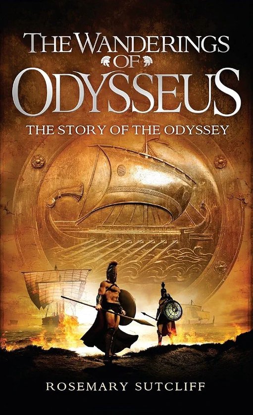 Boekomslag van 'The Wanderings of Odysseus' met een Griekse trireem en twee soldaten op de voorgrond.