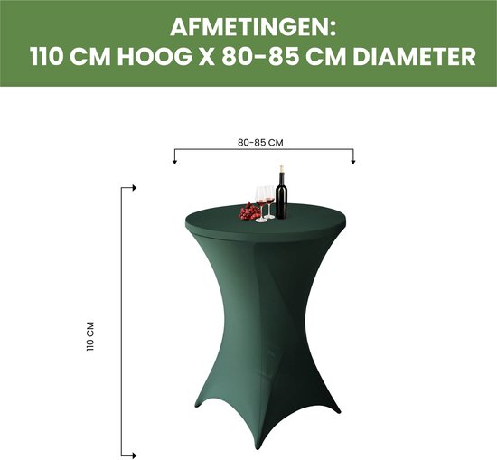 Donkergroene statafelrok van 110 cm hoog en 80-85 cm diameter, met fles wijn en glazen.