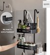 Zwarte douche organizer met 4 extra haakjes, gevuld met badkamerproducten.