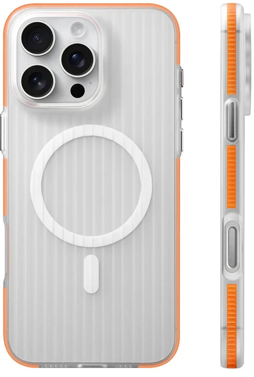Qost Telefoonhoesje Geschikt voor iPhone 14 - Geschikt voor MagSafe - Gegolfd Design - Mat Oranje Transparant