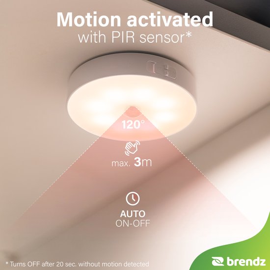 Éclairage d'armoire ronde à LED Brendz avec détecteur de mouvement, rechargeable par USB-C, magnétique, 4 pièces, blanc chaud 3000 K, éclairage d'escalier sans fil, veilleuse