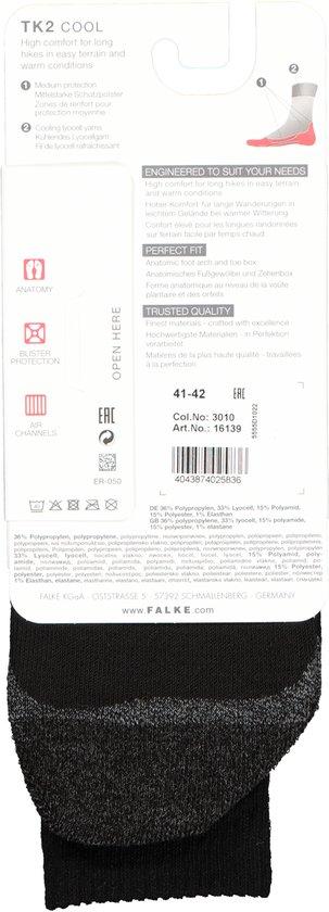 Achterkant van Falke TK2 Cool wandelsokken verpakking met maatindicatie 41-42.