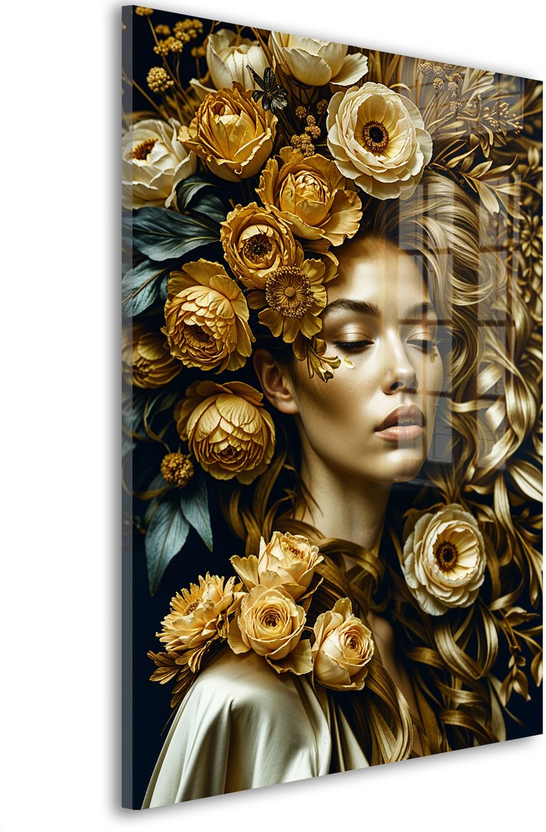 Glasschilderij Gouden bloemenpracht dromen - 30 x 20 cm - Vrouw - Bloemen en Planten - Acrylaat - Inclusief wandbevestiging - Foto op plexiglas - Wanddecoratie woonkamer