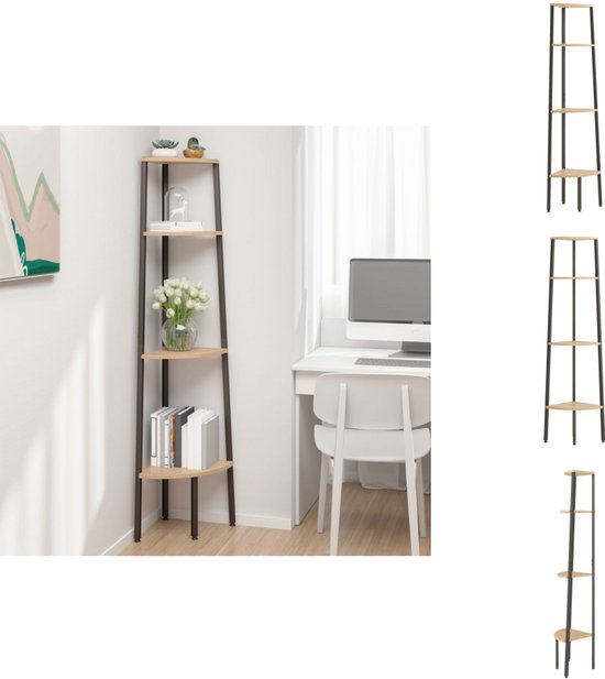 vidaXL Ladderrek met 4 schappen 64x35x152,5 cm lichtbruin en zwart, boekenrek, rek, opslagrek, boekenkast, opbergrek, leunend rek, leunrek, ladderkast