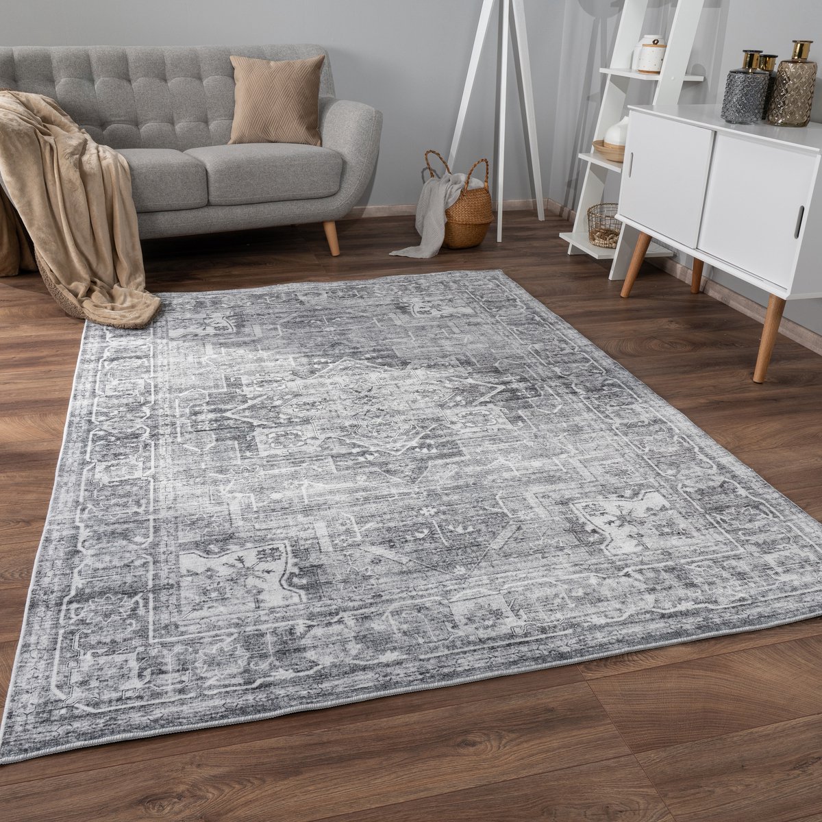 flycarpets Cameris Vintage Vloerkleed Grijs - 120x160 cm - Wasbaar Tapijt - Laagpolig