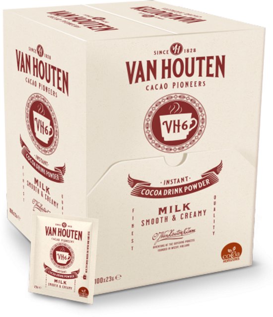 Van Houten cacaodrankpoeder dispenser, met 1 sachet. Poeder is 'Milk Smooth & Creamy'.