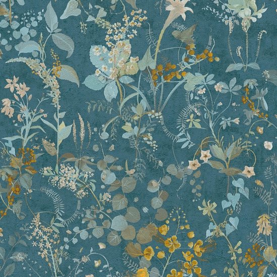 Bloemen behang Profhome 388253-GU vliesbehang hardvinyl warmdruk in reliëf gestructureerd met bloemmotief mat blauw petrol geel groen 5,33 m2