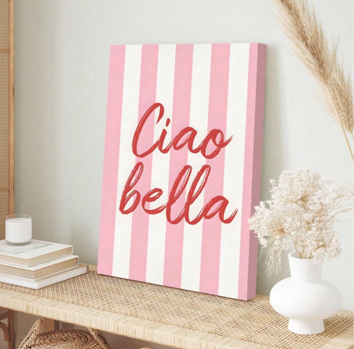 Canvas Schilderij 35x50 cm met Lijst | Roze-Witte Strepen | "Ciao Bella" in Rode Letters