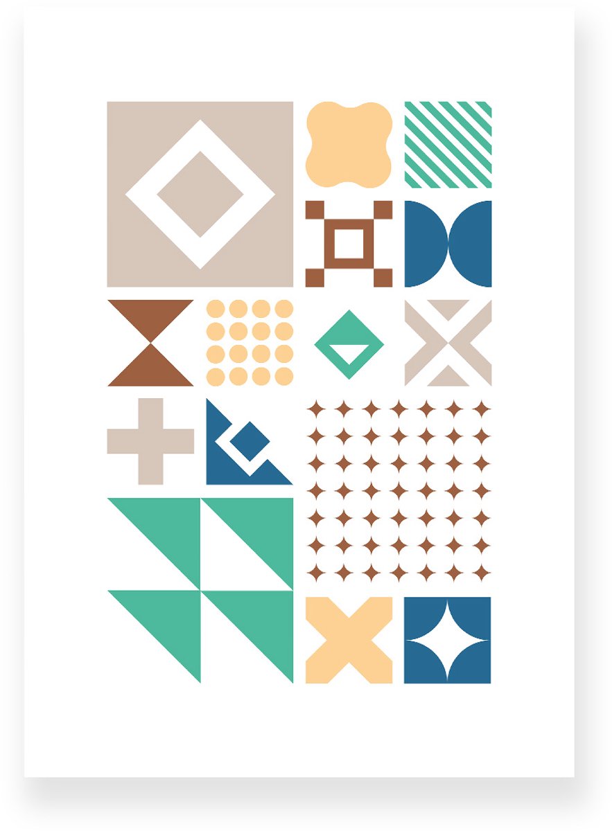 Poster 50x70 cm - Grote Geometrische Vormen - Beige - Blauw - Groen - Abstract - Vintage - Muurdecoratie - Wanddecoratie